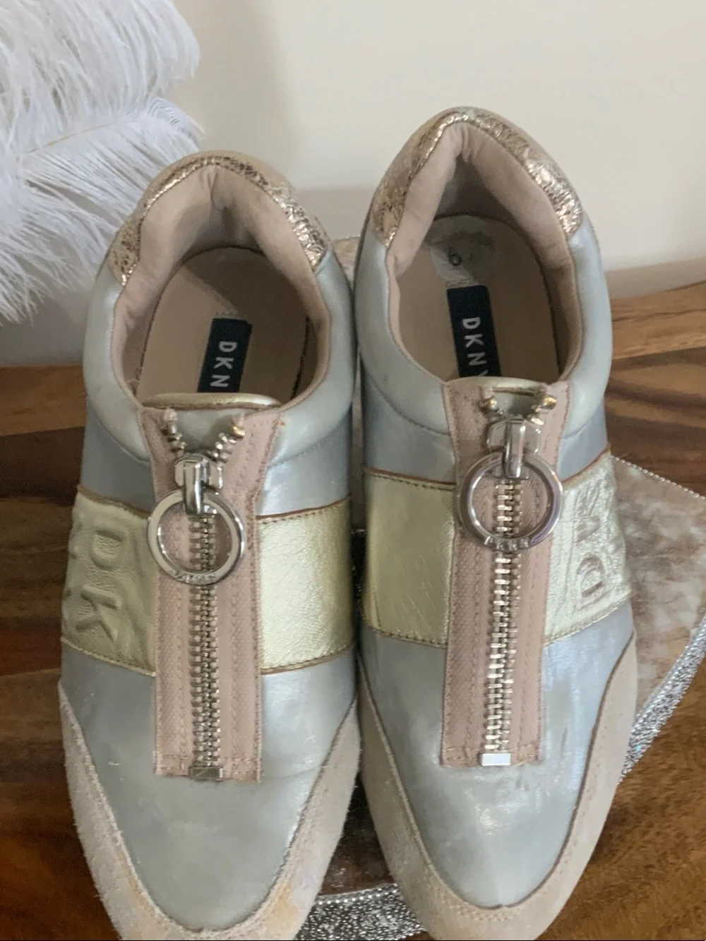 DKNY Metallic Taupe, Gold & Silver Platform Sneakers